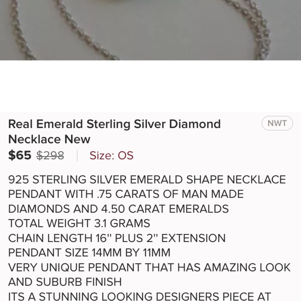 Real Emerald Sterling Silver Diamond Necklace New